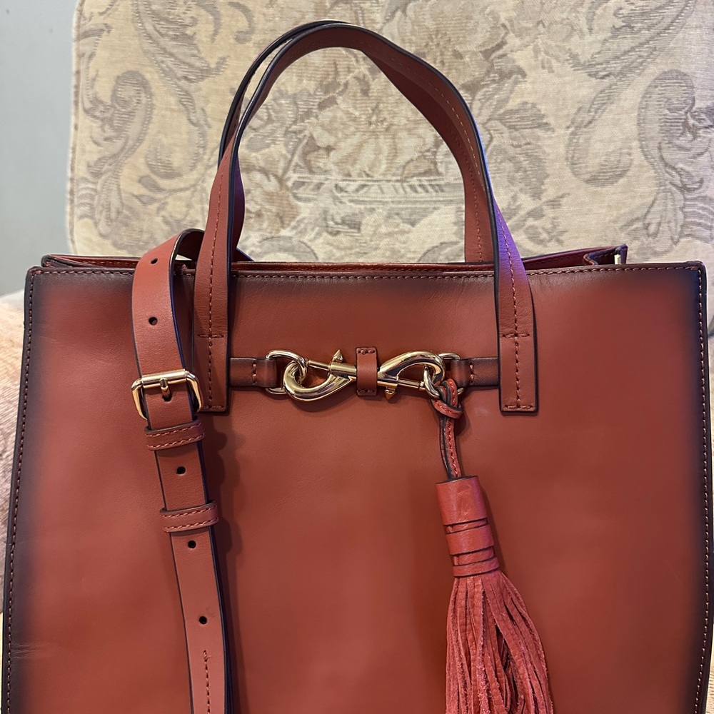 Rebecca Minkoff Red-Brown Leather Tote with Tassel and Gold Hardware - New